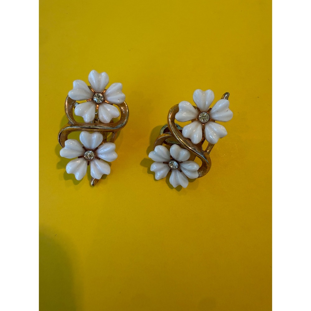 VTG‎ 1950s Crown Trifari Alfred Philippe White Flower Earrings Pristine Cond - Picture 5 of 7